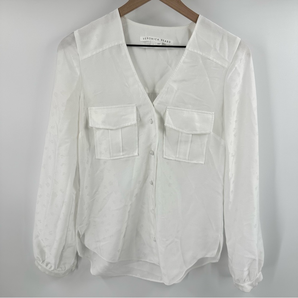 Veronica Beard V-Neck Button Blouse Size 2 White Satin Safari Long Sleeve Office